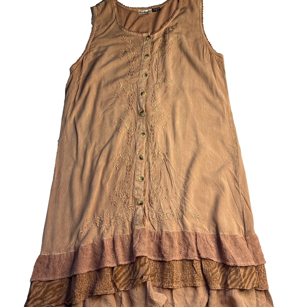 Vintage Y2K Tiered Midi Orange‎ Fairy Dress Women XL Cottage Embroidered Summer